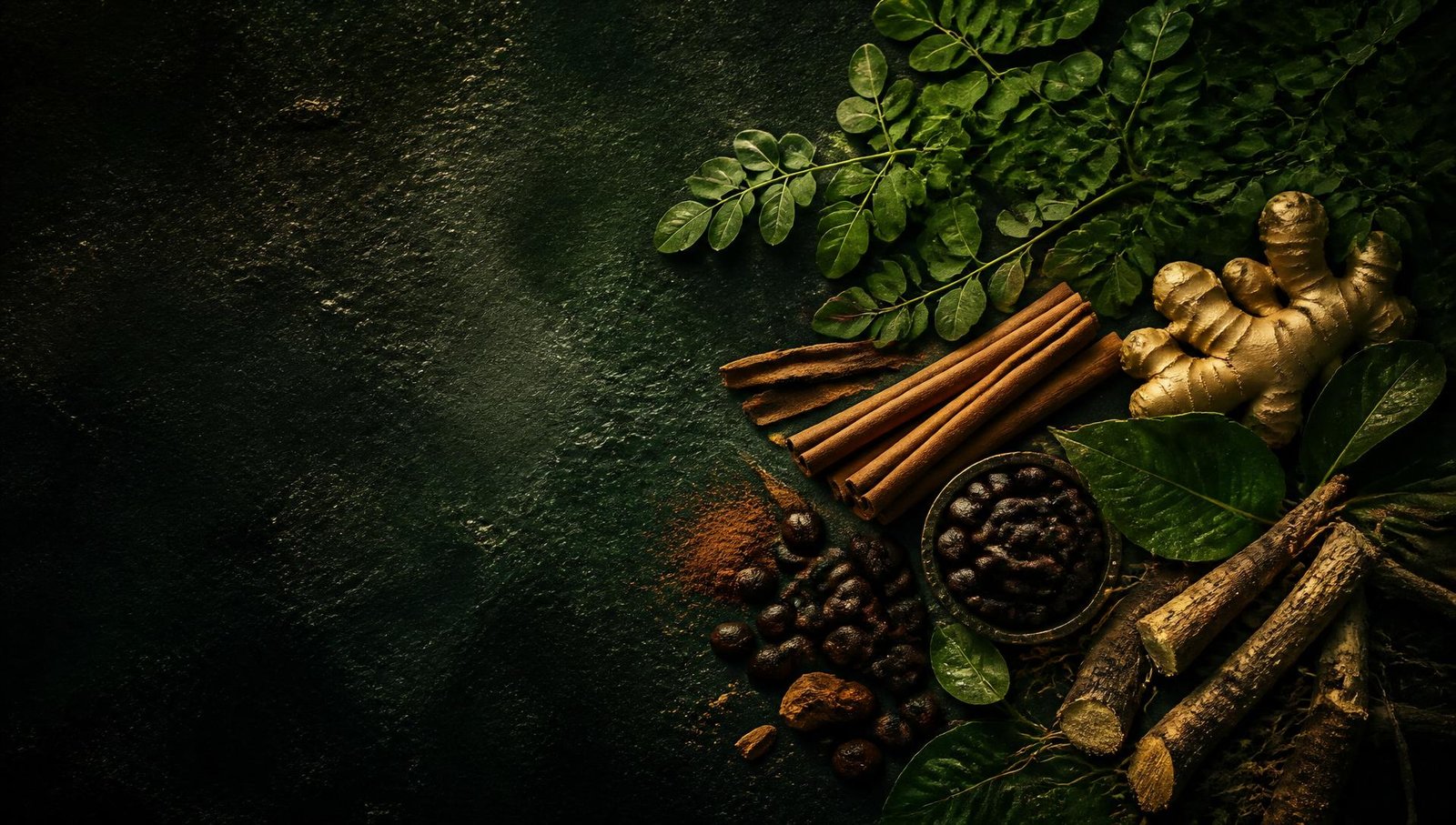 Fresh medicinal herbs, roots and spices used in Bamu herbal products